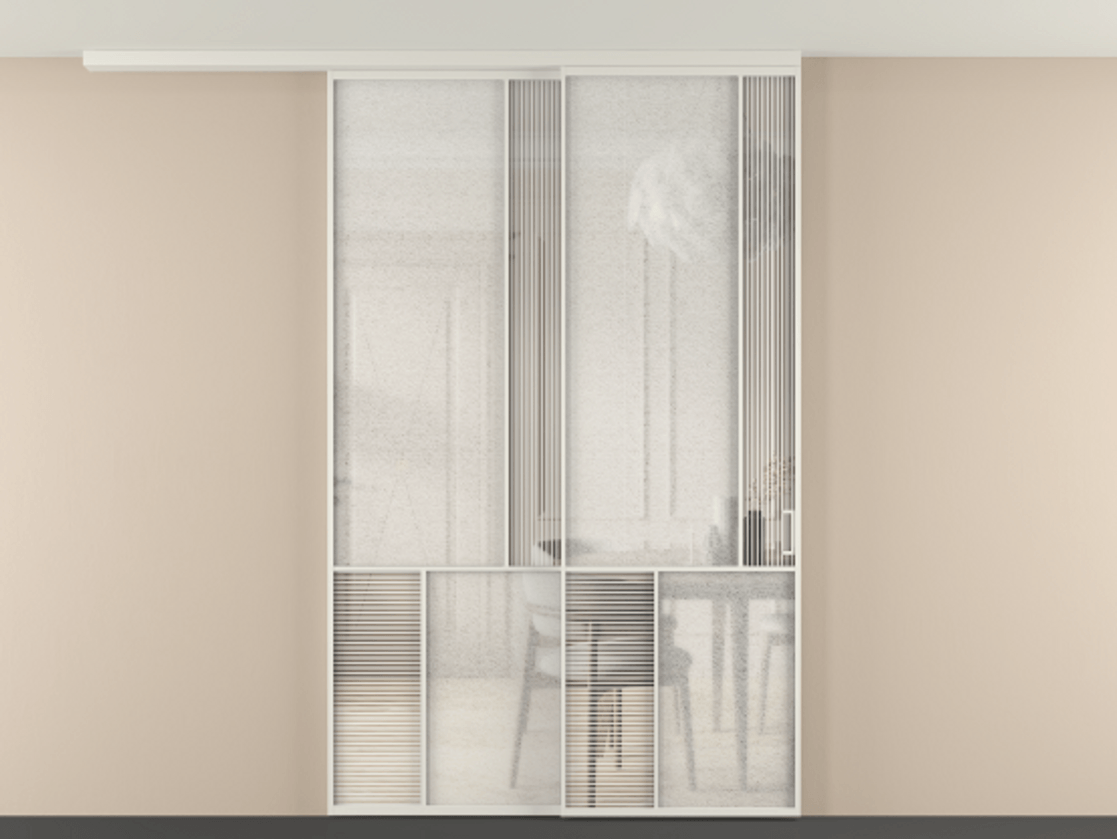 Перегородка Мозаик вдоль стены на потолок 2 створки с синхронным механизмом АЛПР 041.21 Алюминий Белый Рифлёное стекло "Дюна", триплекс, 6 мм + Фактурное стекло "Лёд", триплекс. Скрытый короб БЕЛ Цена 345520 ₽ . Фабрика дверей Волховец 8 (800) 551 43 19 Перегородка Мозаик вдоль стены на потолок 2 створки с синхронным механизмом АЛПР 041.21 Алюминий Белый Рифлёное стекло "Дюна", триплекс, 6 мм + Фактурное стекло "Лёд", триплекс Цена 345520 ₽ | Volhovec