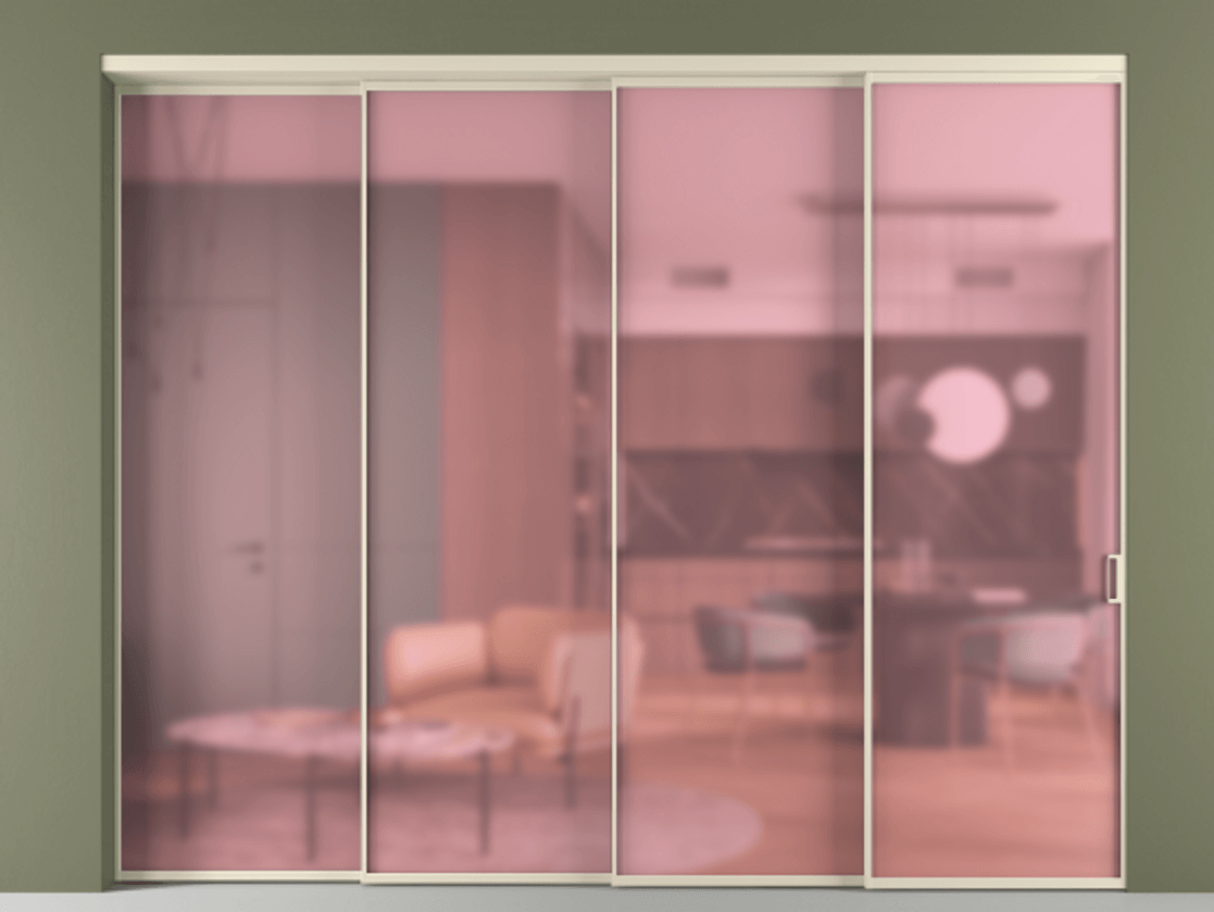 Перегородка Формато внутри проёма 4 створки с синхронным механизмом АЛПР 040.01 Алюминий бежево-серый Сатинированное розовое стекло, триплекс. Цена 432500 ₽ 1. Полотно 4 шт. (800/2100 мм)
2. Комплект установки раздвижной системы
3. Базовый комплект фурнитуры
4. Комплект фурнитуры телескопик синхро-3
5. Ручка Рондо. Фабрика дверей Волховец 8 (800) 551 43 19 Перегородка Формато внутри проёма 4 створки с синхронным механизмом АЛПР 040.01 Алюминий бежево-серый Сатинированное розовое стекло, триплекс Цена 432500 ₽ | Volhovec