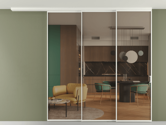 Алюминевая перегородка pv3_01_ Алюминий светло-серый Бронза прозрачное. Цвет Алюминий светло-серый. Материал Алюминий в эмали. Коллекция Перегородка Формато вдоль стены на потолок 3 створки с синхронным механизмом. Картинка.